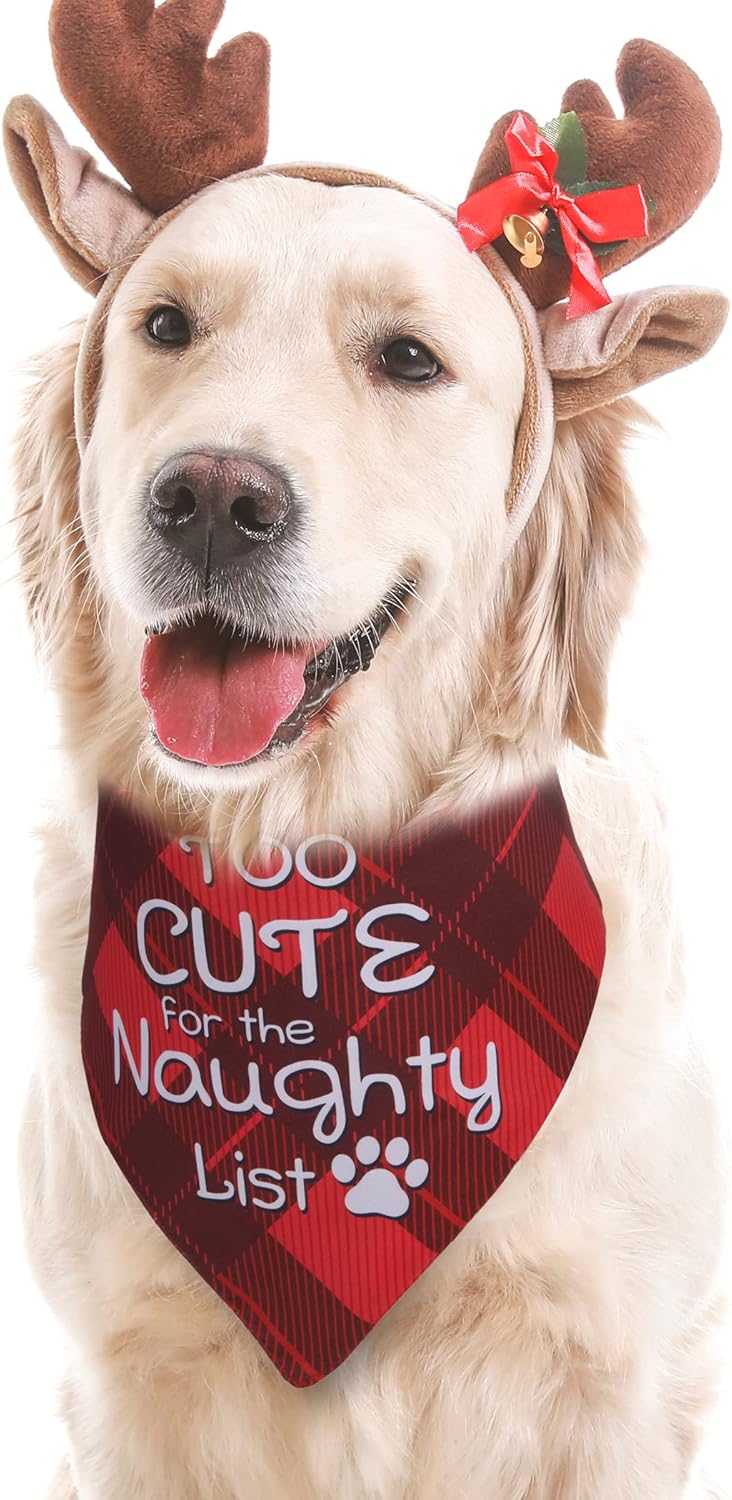 Christmas Dog Bandanas Funny, Dog Christmas Scarf 2 Packs, Pets Festive Plaid Décor for Medium Large Dogs